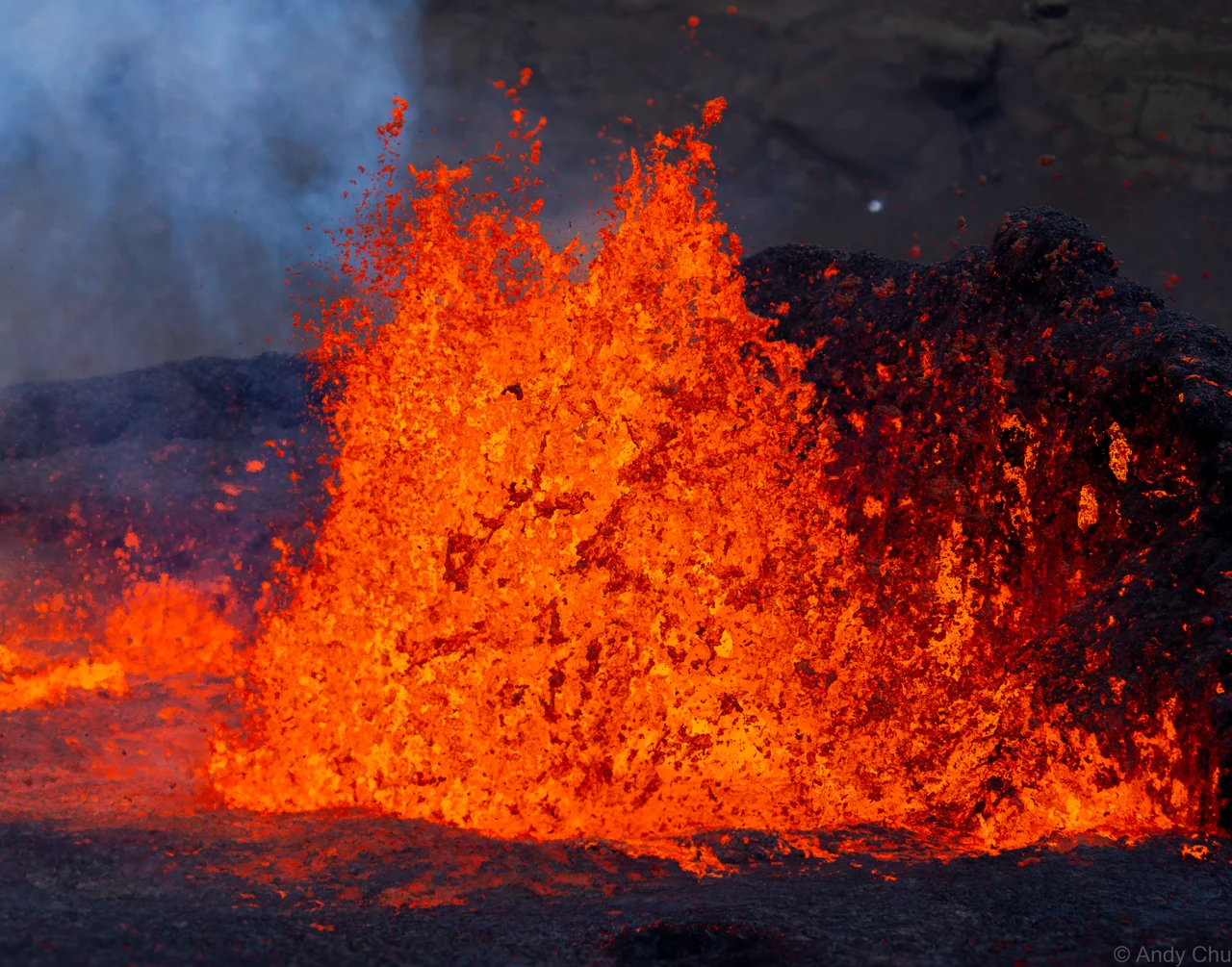 Lava fountain rising from an active volcanic vent
