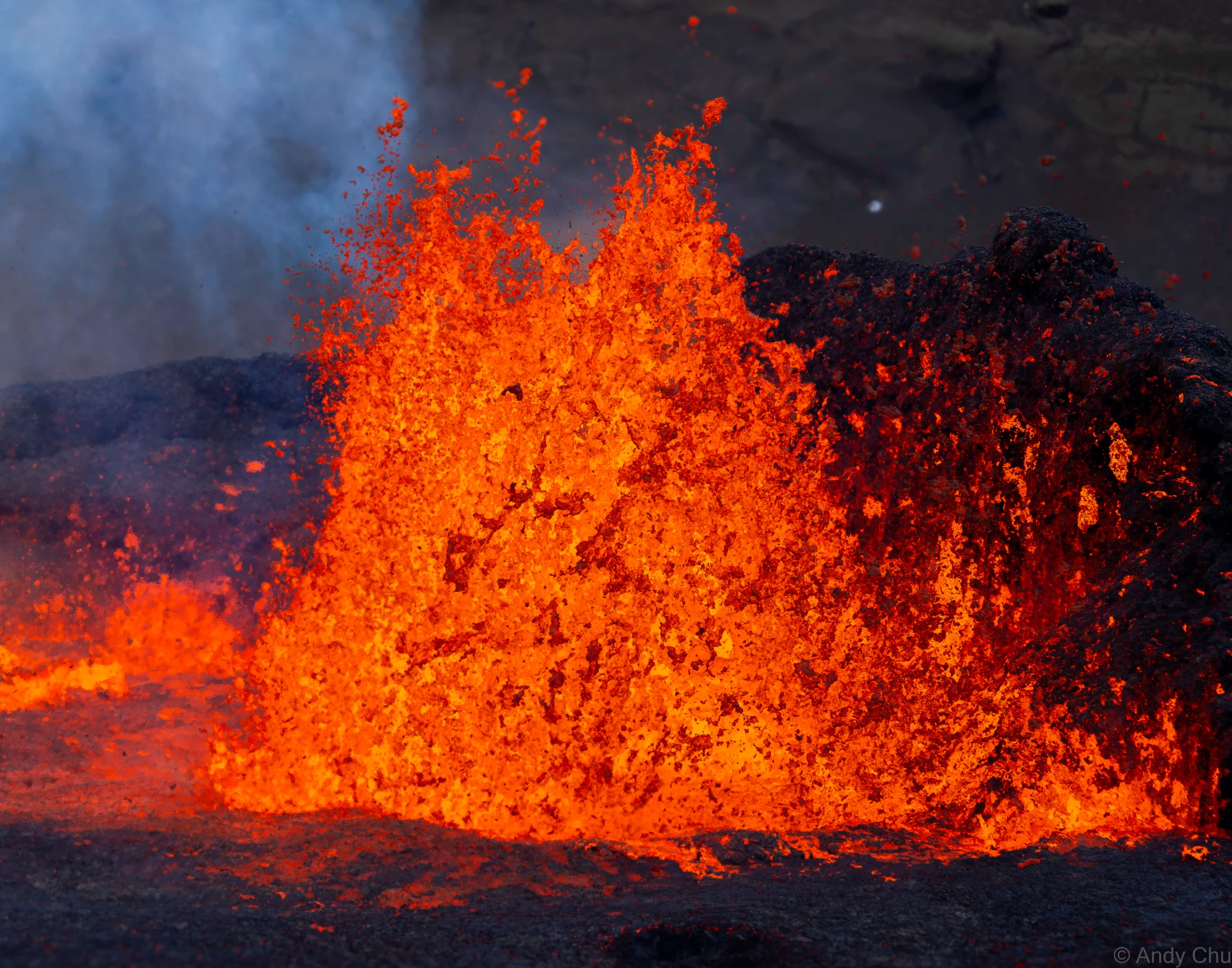 Lava fountain rising from an active volcanic vent